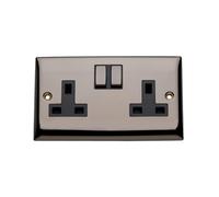 Britelite Double Switched Plug Socket, Black Nickel, 13A | Type g UK wall outlet; 13 amp zinc made electrical hardware for home décor; zinc construction.