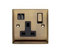 Britelite Single Plug Socket with 2 USB-A Ports, Antique Brass, 13A | Integrated USB charging ports; type g UK wall outlet; antique brass finish type g 13A outlet; wall hardware for home décor.