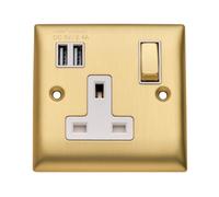 Britelite Single Plug Socket with 2 USB Ports, Brushed Brass, 13A