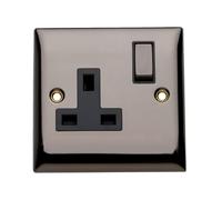 Britelite Single Plug Socket with Switch, Black Nickel, 13A | Type g UK wall outlet; 13 amp zinc made electrical hardware for home décor; zinc construction.