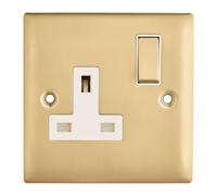 Britelite Single Plug Socket with Switch, Brushed Brass, 13A | Type g UK wall outlet; 13 amp zinc made electrical hardware for home décor; includes 1 x socket and suitable fixings.