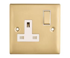 Britelite Single Plug Socket with Switch, Brushed Brass, 13A | Type g UK wall outlet; 13 amp zinc made electrical hardware for home décor; includes 1 x socket and suitable fixings.