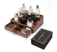 BRITEREE Cologne Organizer for Men, 3 Tier Wooden Cologne Stand with Drawer Storage and Hidden Compartment, Cologne Holder for Dresser Great Gift for Men, Brown