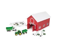 Britians John Deere 24 Pc. Childs Farm Animals & Tractor Toy Playset with Red Barn (1:64 Scale) - Storage Inside Red Barn with Handle - Quality Farm, Vehicle & Animal Toys for Kids 3+ Years Old