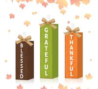 Britimes 3 Pcs Blessed Thankful Grateful Wooden Table Block Signs, Farmhouse Fall Thanksgiving Tiered Tray Decor Rustic Autumn Seasonal Tabletop Centerpieces for Home Kitchen Shelf Decorations