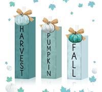 Britimes 3 Pcs Fall Harvest Pumpkin Wooden Table Block Signs, Farmhouse Fall Thanksgiving Tiered Tray Decor Rustic Blue Green Pumpkin Tabletop Centerpieces for Home Kitchen Shelf Decorations