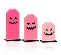 Britimes 3 Pcs Halloween Pink Tombstone Wooden Table Block Signs, Farmhouse Pink Headstone Tiered Tray Decor Rustic Halloween Party Tabletop Centerpieces for Home Kitchen Shelf Mantel Decoration