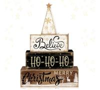 Britimes 4 Pcs Christmas Tiered Tray Decorations Set Believe HO-HO-HO Merry Christmas Reindeer Stack Block Signs Neutral Rustic Holiday Decor (Neutral HO-HO)