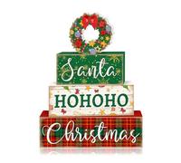 Britimes 4 Pcs Christmas Wreath Table Decor Christmas Tiered Tray Decorations Set Santa HoHoHo Stack Block Signs Gift Rustic Farmhouse Tabletop Decor for Table & Home Office