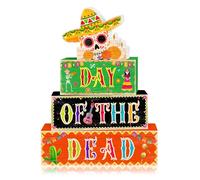 Britimes 4 Pcs Day of the Dead Sugar Skull Table Decor Halloween Tiered Tray Decorations Set Skull Stack Block Signs Gift Rustic Farmhouse Tabletop Decor for Table & Home Office