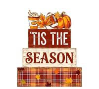Britimes 4 Pcs Fall Pumpkin Wooden Tiered Tray Decor Set, Tis the Season Maple Leaf Latte Plaid Stacked Block Signs, Autumn Football Farmhouse Vintage Table Shelf Decor for Home Kitchen Decorations