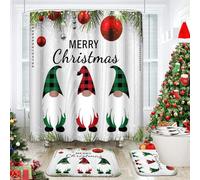 Britimes 4 Piece Shower Curtain Sets with 12 Hooks, Christmas Celebrate Plaid Hat Gnome with Non-Slip Rugs, Toilet Lid Cover and Bath Mat for Bathroom Decor Set, 72" x 72"