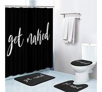 Britimes 4 Piece Shower Curtain Sets, with 12 Hooks, Get Naked Black with Non-Slip Rugs, Toilet Lid Cover and Bath Mat for Bathroom Decor Set, 72" x 72"