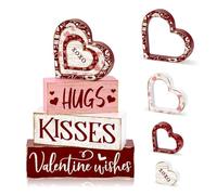 Britimes 7Pcs Valentine’s Day Table Decor Hugs Kisses Red Valentine Heart Tiered Tray Decorations Set Rustic Farmhouse Wooden Stack Block Signs Tabletop Decor for Table & Home Office Gift