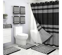 Britimes 8 Pcs Black Stripes Bathroom Sets with Shower Curtain and Rugs, Minimalist Modern Shower Curtain Liner, Non Slip Bath Mat and Soft Towels for Bathroom Decor and Accessories Hooks