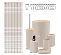 Britimes Bathroom Accessories Sets, Boho Shower Curtain Set with Trash Can, Soap Dispenser, Toilet Brush Holder, Toothbrush Holder and Toothbrush Cup for Bathroom Decor (Beige)