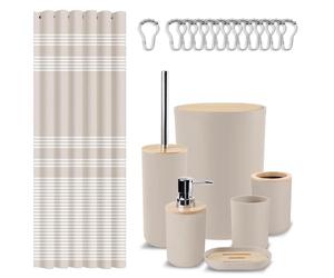 Britimes Bathroom Accessories Sets, Boho Shower Curtain Set with Trash Can, Soap Dispenser, Toilet Brush Holder, Toothbrush Holder and Toothbrush Cup for Bathroom Decor (Beige)