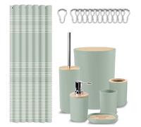 Britimes Bathroom Accessories Sets, Sage Green Shower Curtain Set with Trash Can, Soap Dispenser, Toilet Brush Holder, Toothbrush Holder and Toothbrush Cup for Bathroom Decor (Green)