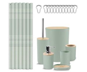 Britimes Bathroom Accessories Sets, Sage Green Shower Curtain Set with Trash Can, Soap Dispenser, Toilet Brush Holder, Toothbrush Holder and Toothbrush Cup for Bathroom Decor (Green)