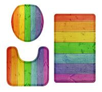 Britimes Bathroom Rug Set of 3, 3 Pieces Bath Mats Set, Rainbow Wood Plank Texture No Silp Washable Cover Floor Rug Decorations for Kitchen Bathroom Bedroom