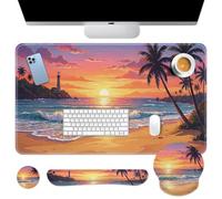 Britimes Beach Sunset Keyboard Mouse Pad Set Tropical Coastal 4in1 Large Mousepad+Keyboard Wrist Rest+Mouse Wrist Rest+Coaster Ergonomic Design for Home Office Computer 35.4x15.7 inches