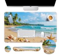Britimes Beach Tropical Coastal Keyboard Mouse Pad Set Ocean Seashell 4in1 Large Mousepad+Keyboard Wrist Rest+Mouse Wrist Rest+Coaster Ergonomic Design for Home Office Computer 35.4x15.7 inches