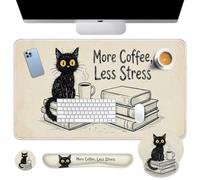 Britimes Black Cat Coffee Keyboard Mouse Pad Set Vintage Funny Book 4in1 Large Mousepad+Keyboard Wrist Rest+Mouse Wrist Rest+Coaster Ergonomic Design for Home Office Computer 35.4x15.7 inches