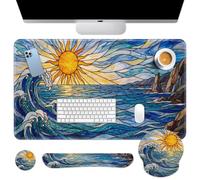 Britimes Blue Ocean Coastal Keyboard Mouse Pad Set Sunrise Abstract 4in1 Large Mousepad+Keyboard Wrist Rest+Mouse Wrist Rest+Coaster Ergonomic Design for Home Office Computer 35.4x15.7 inches