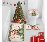 Britimes Christmas Cute Alpine Cow Red Christmas Ball Bathroom Rug Set of 3 Winter Green Plants 3 Pieces Bath Mats Set No Silp Washable Cover Floor Rug Decorations for Kitchen Bathroom Bedroom