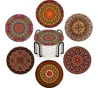 Britimes Coaster for Drinks Set of 6, Africa Mandala Circular Colorful Table Absorbent Round Ceramic Stone Mat, with Cork Base and Metal Holder, Gift for Housewarming Room Bar Decor