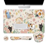 Britimes Cute Floral Cat Keyboard Mouse Pad Set Butterfly Cottagecore 4in1 Large Mousepad+Keyboard Wrist Rest+Mouse Wrist Rest+Coaster Ergonomic Design for Home Office Computer 35.4x15.7 inches