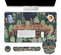 Britimes Cute Frog Summer Keyboard Mouse Pad Set Kawaii Green 4in1 Large Mousepad+Keyboard Wrist Rest+Mouse Wrist Rest+Coaster Ergonomic Design for Home Office Computer 35.4x15.7 inches