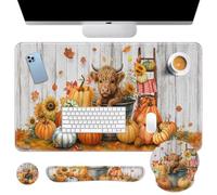 Britimes Fall Highland Cow Keyboard Mouse Pad Set, Fall Farmhouse 4in1 Large Mousepad+Keyboard Wrist Rest+Mouse Wrist Rest+Coaster Ergonomic Design for Home Office Computer 35.4x15.7 inches