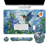 Britimes Floral Hummingbird Botanical Keyboard Mouse Pad Set Blue Nature 4in1 Large Mousepad+Keyboard Wrist Rest+Mouse Wrist Rest+Coaster Ergonomic Design for Home Office Computer 35.4x15.7 inches