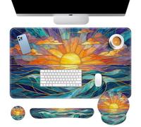 Britimes Gold Sun Ocean Keyboard Mouse Pad Set Boho Colorful 4in1 Large Mousepad+Keyboard Wrist Rest+Mouse Wrist Rest+Coaster Ergonomic Design for Home Office Computer 35.4x15.7 inches