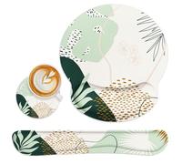 Britimes Green Boho Leaves Ergonomic Mouse Pad Set with Wrist Rest Non-Slip Rubber Base Wrist Cushion Support and Coasters Mousepad with Wrist Support for Computer Keyboard and Desk