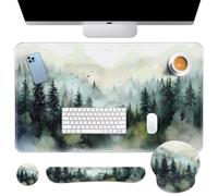 Britimes Green Ink Style Mountain Forest Keyboard Mouse Pad Set 4in1 Large Mousepad+Keyboard Wrist Rest+Mouse Wrist Rest+Coaster Set with Ergonomic Design for Home Office Computer 35.4x15.7 inches