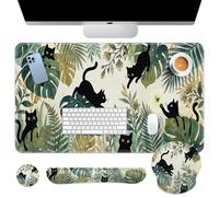 Britimes Green Tropical Plants Keyboard Mouse Pad Set Black Cats 4in1 Large Mousepad+Keyboard Wrist Rest+Mouse Wrist Rest+Coaster Ergonomic Design for Home Office Computer 35.4x15.7 inches