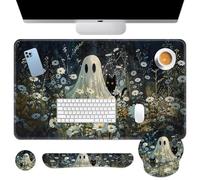 Britimes Halloween Cat and Ghost Keyboard Mouse Pad Set Floral 4in1 Large Mousepad+Keyboard Wrist Rest+Mouse Wrist Rest+Coaster Ergonomic Design for Home Office Computer 35.4x15.7 inches