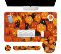 Britimes Halloween Cat and Pumpkin Keyboard Mouse Pad Set, 4in1 Large Mousepad+Keyboard Wrist Rest+Mouse Wrist Rest+Coaster Ergonomic Design for Home Office Computer 35.4x15.7 inches