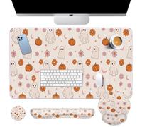 Britimes Halloween Cute Ghost Keyboard Mouse Pad Set Pink Flower 4in1 Large Mousepad+Keyboard Wrist Rest+Mouse Wrist Rest+Coaster Ergonomic Design for Home Office Computer 35.4x15.7 inches