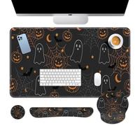 Britimes Halloween Ghost Keyboard Mouse Pad Set Orange Black 4in1 Large Mousepad+Keyboard Wrist Rest+Mouse Wrist Rest+Coaster Ergonomic Design for Home Office Computer 35.4x15.7 inches