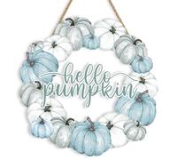 Britimes Hello Pumpkin Wreath Sign for Front Door, Blue and White Pumpkin Rustic Autumn Decorations Wooden Hanging Signs for Home Wall Porch Outdoor Party Decor