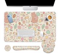 Britimes Kawaii Bunny Bear Keyboard Mouse Pad Set Cartoon Pink 4in1 Large Mousepad+Keyboard Wrist Rest+Mouse Wrist Rest+Coaster Ergonomic Design for Home Office Computer 35.4x15.7 inches