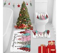 Britimes Merry Christmas Colorful Plaid Pine Tree Bathroom Rug Set of 3 Winter Snowflake Pink 3 Pieces Bath Mats Set No Silp Washable Cover Floor Rug Decorations for Kitchen Bathroom Bedroom