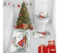 Britimes Merry Christmas Red House Bathroom Rug Set of 3 Reindeer Pine Tree Snowflakes 3 Pieces Bath Mats Set No Silp Washable Cover Floor Rug Decorations for Kitchen Bathroom Bedroom