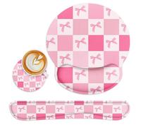 Britimes Pink Bow Checkered Cute Retro Kawaii Ergonomic Mouse Pad Set with Wrist Rest Non-Slip Rubber Base Wrist Cushion Support and Coasters Mousepad with Wrist Support for Computer Keyboard and Desk