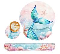 Britimes Pink Cute Deep Sea Mermaid Ergonomic Mouse Pad Set with Wrist Rest Non-Slip Rubber Base Wrist Cushion Support and Coasters Mousepad with Wrist Support for Computer Keyboard and Desk