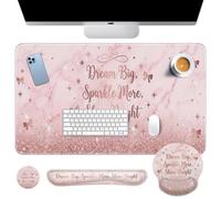 Britimes Pink Glitter Marble Keyboard Mouse Pad Set Bow Inspirational 4in1 Large Mousepad+Keyboard Wrist Rest+Mouse Wrist Rest+Coaster Ergonomic Design for Home Office Computer 35.4x15.7 inches
