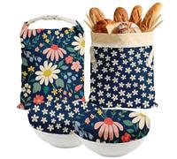 Britimes Reusable Beeswax Bread Bags and Bowl Covers Set, Navy Blue Retro Daisy 2 XL Waxed Cotton Bread Bags, 2 Natural Food-Safe Bowl Covers, Keeps Loaves Fresh Longer, Zero Waste